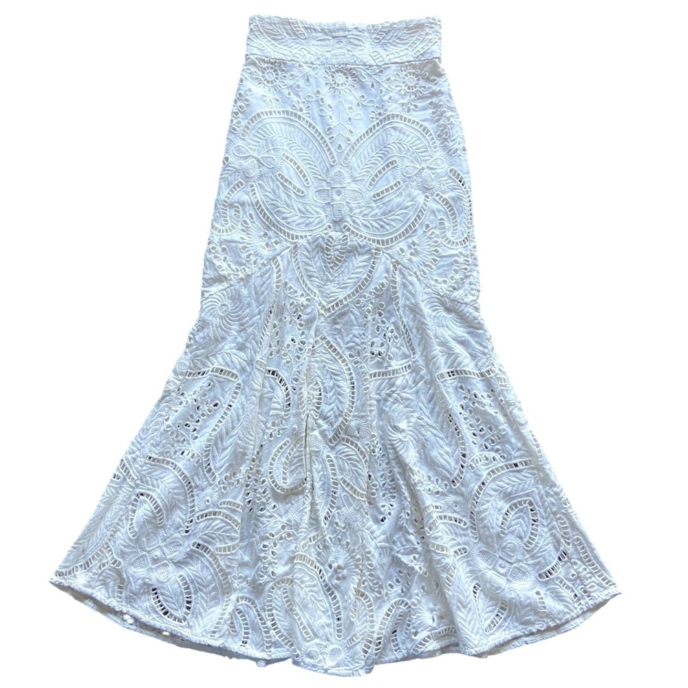 Thurley Flower Child Midi Skirt White Eyelet Lace Boho A Line Cotton US 2